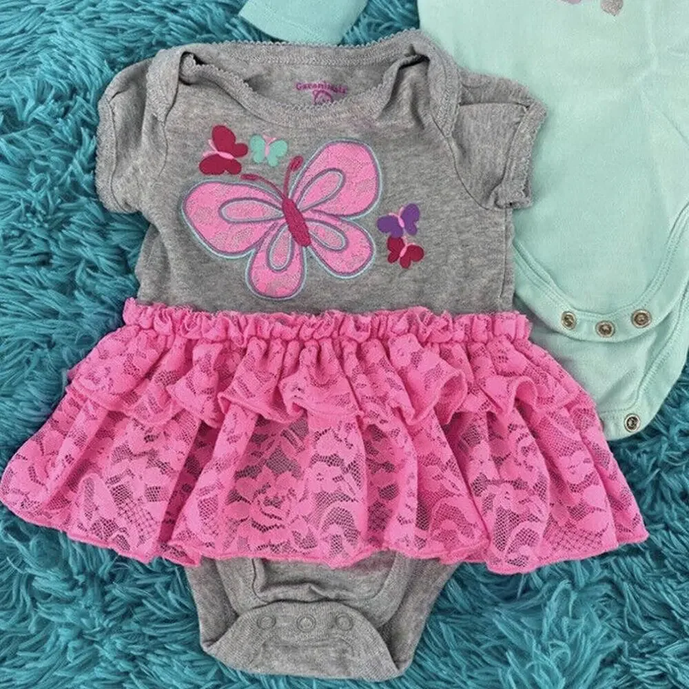 Baby Girl 0-3M Garanimals Onesies Bundle Cat Butterfly Tutu Birds 3 Piece Lot